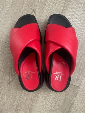 Women's Red  Leather  Crossover Slide Sandals